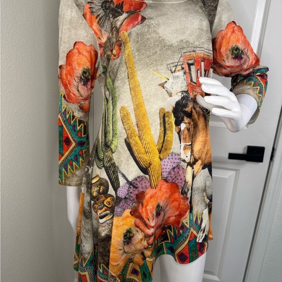 a. m. m. a Western Cream and Orange Asymmetrical Graphic Dress. - Picture 7 of 11